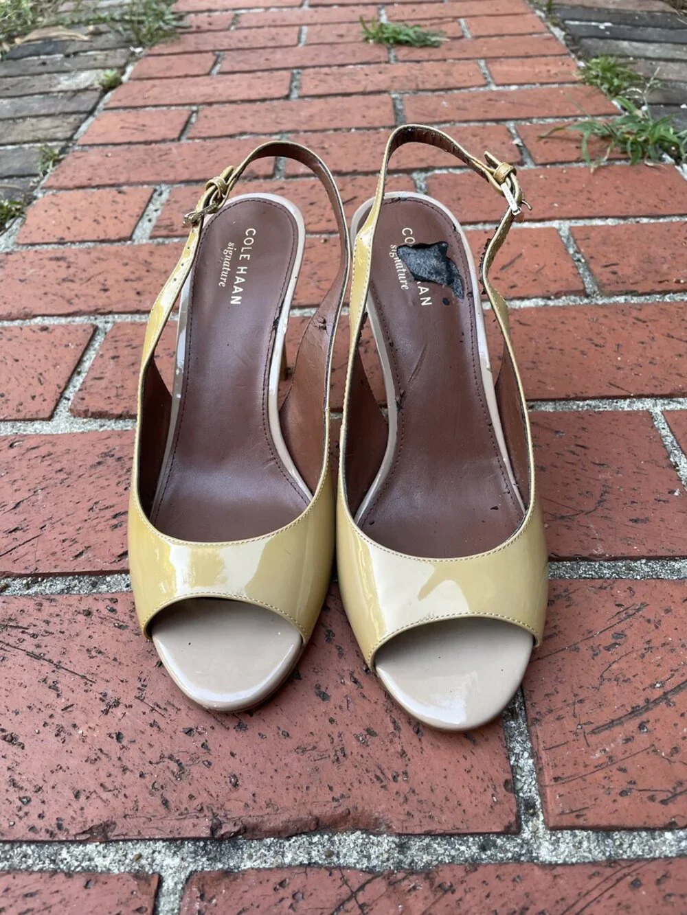 Cole Haan Signature Patent Leather Peep Toe Slingback Heels Tan Women's Size 7B